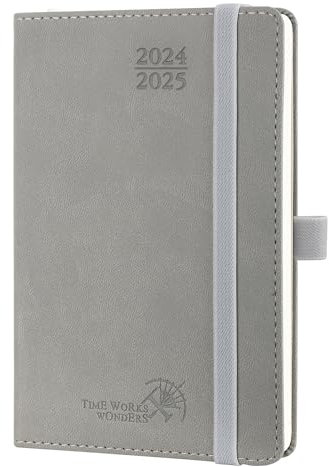 POPRUN Taschenkalender 2025 Klein (Aug.2024-Dez.2025) Softcover mit PU-Leder, ca. A6 (16 x 10,5 cm), Kalender 2025 Klein - Terminplaner 1 Woche 2 Seite mit Stiftschlaufe - Grau