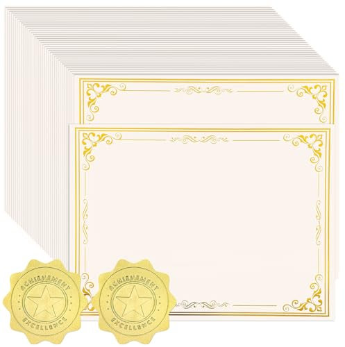 100 Blatt Zertifikatspapier mit 100 Stück Gold-Siegel-Aufklebern, 21,6 x 27,9 cm, bedruckbare Zertifikate für Abschlusszertifikate, Mitarbeiteranerkennung, Geschäftspreise
