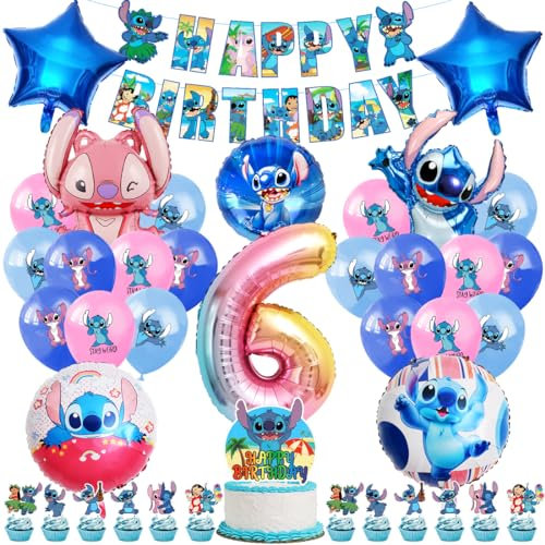 Luftballons Kinder Geburtstag Deko 6 Jahre, Foil Balloons Geburtstagsdeko, Party Deko Set mit Tortendeko und Happy Birthday Banner für Kindergeburtstag 6. Mädchen Junge Party Dekoration