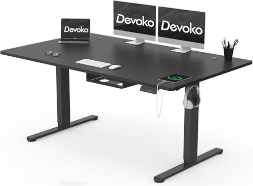 Devoko Bureau Assis Debout 160×80 Électrique, 72-118 cm, 3 Mémoires, Noir | Anti-Collision, Port de Charge USB, 4 Roulettes, moteur silencieux, bac câbles intégré, Capacité de charge 70 kg