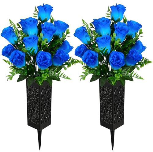 Kukooka Künstliche Friedhofsblumen, Grab-Gedenkblumen, 2 Stück Künstlicher Rosenstrauß mit Vase für Friedhof Grabsteine Grabstätten Dekoration (Blau)
