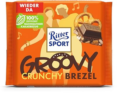 Ritter Sport Crunchy Brezel, Groovy, Vollmilchschokolade mit knusprigen Brezelstückchen, Schokoladen-Klassiker zum Genießen, Geschenkidee, 100g Tafel