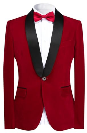 YOUTHUP Men's Velvet Blazer Shawl Collar Slim Fit Suit Jacket 1 Button Wedding Formal Dress Jackets, Red, M