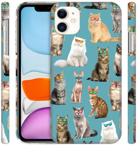 GlamCase for iPhone 11, iPhone 11 Case - Cat Pattern With Sunglasses Teal Design Printed Slim Fit Cute Plastic Hard Protective Designer Back Phone Case/Cover for iPhone 11.