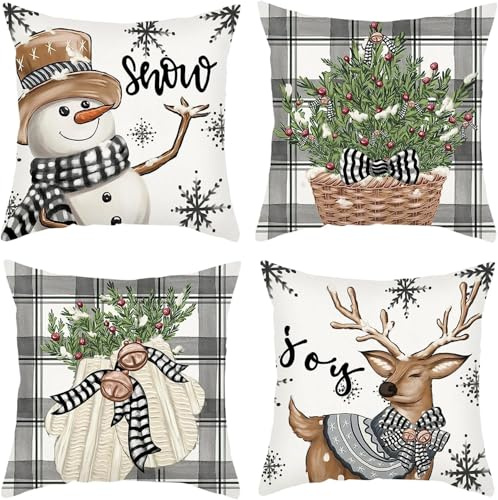 VITEVER Schneemann Rentier Handschuhe Weihnachten Kissenbezüge 4er Set, 45x45 cm Zierkissenbezug Cushion Cover Couch Wohnzimmer Außenbereich Deko