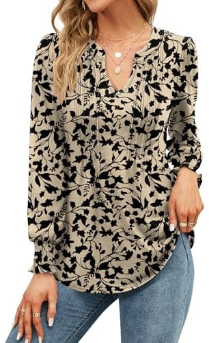 EFFAN Ladies Tops Elegant Gifts for Women Long Sleeve Tops Xmas V Neck Casual T Shirts Long Sleeve Tunic Blouse, Floral Apricot L (UK 16-18)