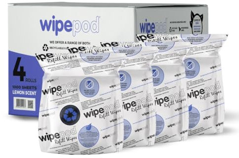 WIPEPOD - XL Recyclable Antibacterial Wet Wipes | 1000 Sheets/Roll, 4 Rolls | Lemon-Scented, 100% Recyclable, & Eco-Friendly | Multipurpose Hand & Surface Sanitising Wipes| 4000-Count Refill Pack