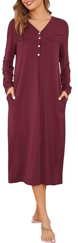 Vlazom Chemise de Nuit Femme Manches Longues Grande Taille Robe de Nuit Col en V avec Boutons,A-Bordeaux,S