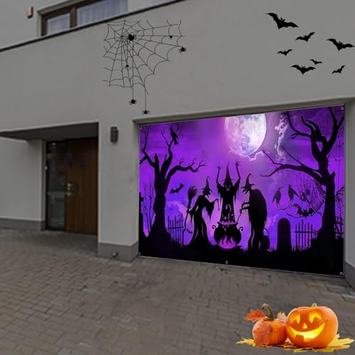 Halloween Garten Banner - Langes Grusel Spukhaus Deko für Aussen, Garage, Wand, Tisch - Stoff Requisiten, 210 * 150cm (400 * 180cm)