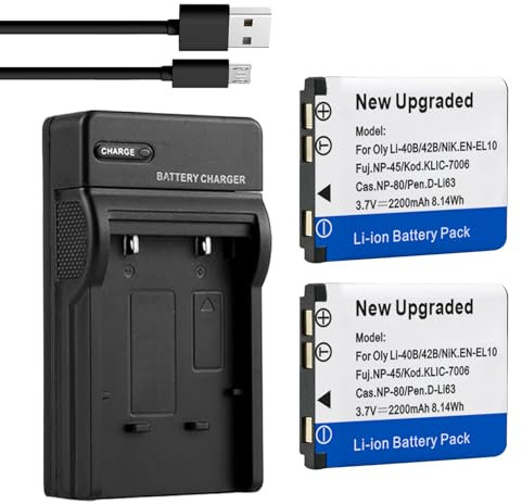 Lot de 2 batteries 2200 mAh et chargeur USB de remplacement pour Olympus Li-42B Li42B Li40B FE-230 pour Pentax D-Li63 NP-45 NP-45A EN-EL10 D-Li63 D-Li108 NP-80 CNP80 KLIC-7006