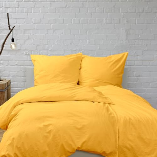 Hans-Textil-Shop Bettwäsche Gelb 155x220 cm Baumwolle – gelbe Bettwäsche Uni 100% Baumwolle mit Reißverschluss, schadstoffgeprüft, Bettbezug + Kissenbezug 80x80 cm, waschbar bis 30 °C & bügelfest