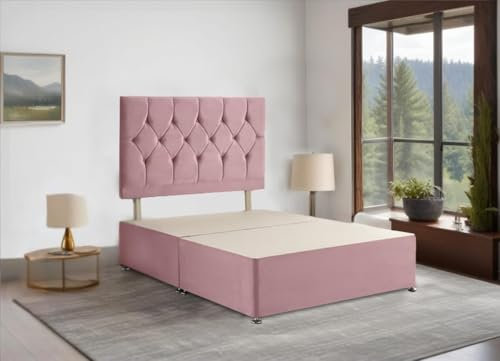 Divan Beds Deals - Luxurious Plush Velvet Divan Bed Frame | Bed Base with 26” Elegant Chesterfield Headboard & 2 Storage Drawers – Transform Your Sleep Experience (Pink, 4FT Small Double)