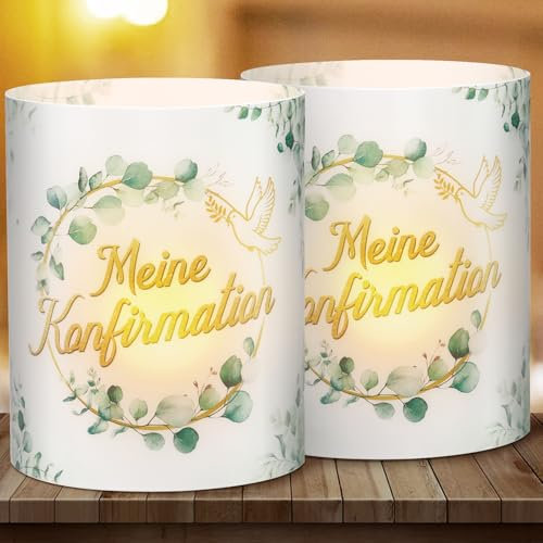 BETESSIN 12x Windlicht Tischdeko Konfirmation - Meine Konfirmation Deko mit Eukalyptus Design - Lichthülle für Teelichter und Kerzen - Windlicht Tischdekoration zur Konfirmation für Junge & Mädchen