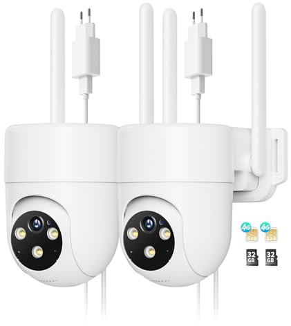 NUASI 4G LTE Cámara Vigilancia Exterior con Tarjeta SIM, 【2 Unidad】 360° PTZ Cámara IP con Detección Humana AI e Visión Nocturna Colorida, Audio Bidireccional e Grabación 24/7 Avec Tarjeta 32GB