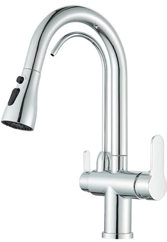 Saeuwtowy Grifo de Cocina 3 Vías Ósmosis, Grifo de Cocina para Osmosis con 2 Palancas, Grifo Osmosis Fregadero Giratorio a 360°, Ducha Extraíble, Acero Inoxidable Cromo