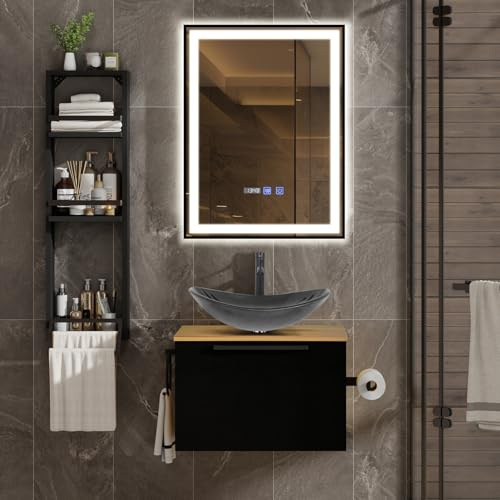 ZealWe Badmöbel Set 3 TLG Waschbecken mit Unterschrank 60 cm, Waschbeckenunterschrank mit Wandregal Waschtish 53 cm, Badezimmerschrank mit Handtuchhalter für kleine Gäste WC Waschplatz, Dunkelgrün
