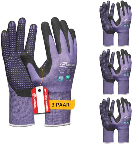 Gebol Multi Flex Lady, 3 Paar Arbeitshandschuhe Damen, Nitril-beschichtete Gartenhandschuhe mit Noppen für extra Grip, atmungsaktiv, dermatologisch getestet, Gr.S (Gr.7), Lila