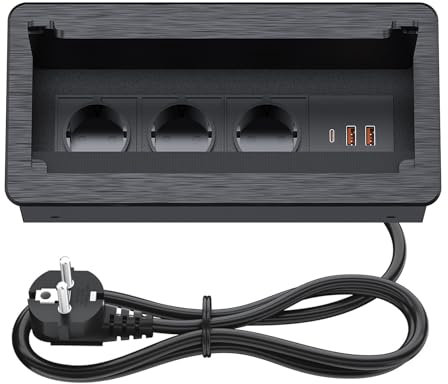 Versenkbare Steckdose,BQO Aluminium Einbausteckdose Versenkbar 3 Fach mit USB, Tischplatte Versenkte Steckdose für Arbeitsplatte Küche Büro 250V/16A,2M Kabel (Black)