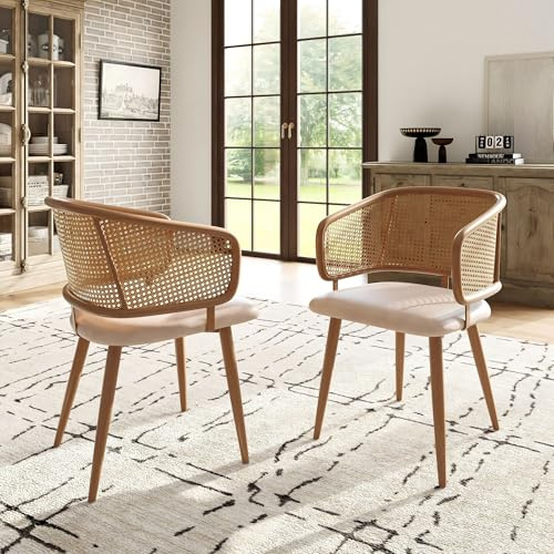 Rosebibi Esszimmerstühle mit Rattan-Rückenlehne, Sitzkissen aus PU-Leder, bequem und atmungsaktiv, moderner und einfacher Stil, geeignet für Restaurants, Wohnzimmer und Cafés (2)