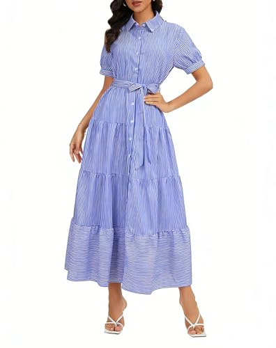 Gestreiftes Maxikleid für Damen, Sommer, kurze Ärmel, Knopfleiste, gerafftes Hemdkleid mit Gürtel, Blau
