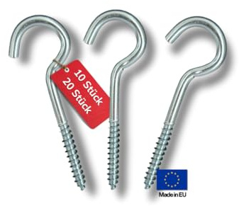 THOMCE Lot de 10 crochets à vis galvanisés robustes de 4 x 65 mm - Fabriqués dans l'UE - Vis à crochet pour rangement avec système de crochets ronds - Convient pour plaques de plâtre ou poutres en