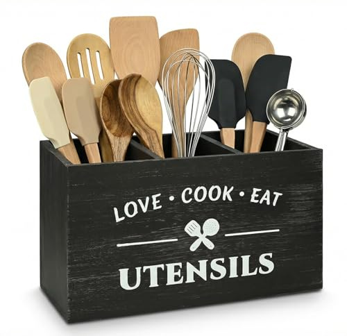 Kitchen Utensils Holder - Black Utensil Holder Cooking Utensil Organizer with 3 Compartment Drainage Bottom, Wooden Cutlery Storage Holder Farmhouse Cutlery Caddy, Cooking Tools Storage for Countertop