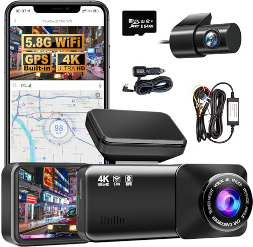 Dashcam Auto Vorne Hinten 4K,5GHz WiFi GPS 170°Weitwinkel WDR Nachtsicht Dual Autokamera mit 64GB SD Karte G-Sensor, 1,5 IPS Display APP Steuerung 24/7 Parküberwachung