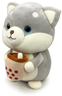 Generisch Chien en peluche 30 cm avec thé à bulles – Peluche douce avec tasse, cadeau pour enfants et adultes, décoration pour canapé et chambre à coucher, gris