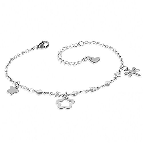 Bungsa Bettelarmband Blumen, Libelle & Herz Edelstahl silber
