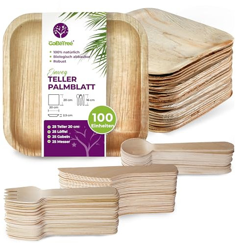 GoBeTree 25 Platos desechables de Hoja de Palma Cuadrados de 20 cm con 75 Cubiertos desechables de Madera, Vajilla desechable elegante, similar al bambu, menaje para fiestas, barbacoas y picnic.