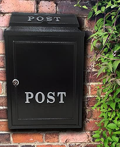 Aurahome® Vintage Weatherproof Post Box Plain Design Personalisable-Lockable Heavy Duty Secure Wall Mounted Letter Mail Post Box Post for Walls/Gates/Garages.Charming (Black with Silver Post Sign)