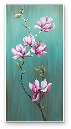 MWMG Handgemalte Acrylbilder, Moderne Abstrakte Grüne Textur Magnolia Blume Zweig Pflanze Kunstwerk Handgemalte Ölgemälde Auf Leinwand Wandkunst Für Wohnzimmer Schlafzimmer Büro Wohnkultur,60X