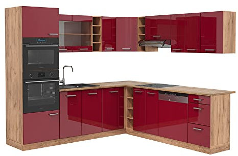 Vicco Eckküche R-Line, Bordeaux Hochglanz/Eiche Gold, 237 x 247 cm ohne Arbeitsplatte
