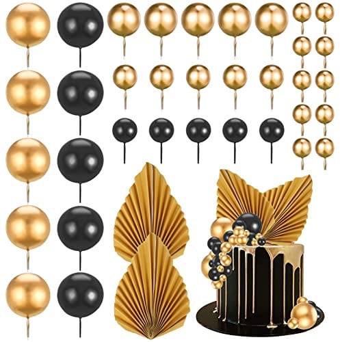 Pinenuts 37 Pcs Balloon Cake Topper, Black and Gold Ball Cake Decorations Mini Foam Balls Cupcake Topper Balloon Cake Picks for Birthday Wedding Anniversary (Black)