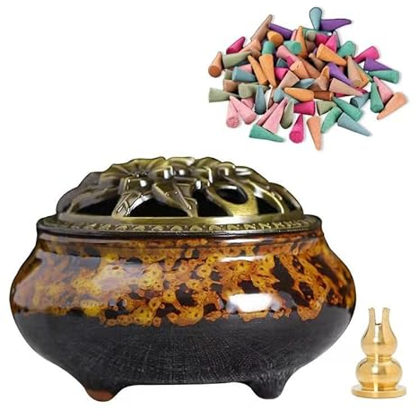 Räuchergefäß, Räuchergefäß Keramik Mit Deckel, Geeignet FüR RäUcherkegel/Spulen/StäBchen, Es Gibt Metall-RäUcherstäBchenhalter + Feuerfeste Baumwolle Im Inneren.