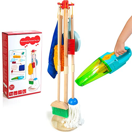 Kids Cleaning Set with Electric Vacuum, Wooden Toddler Cleaning Toys
