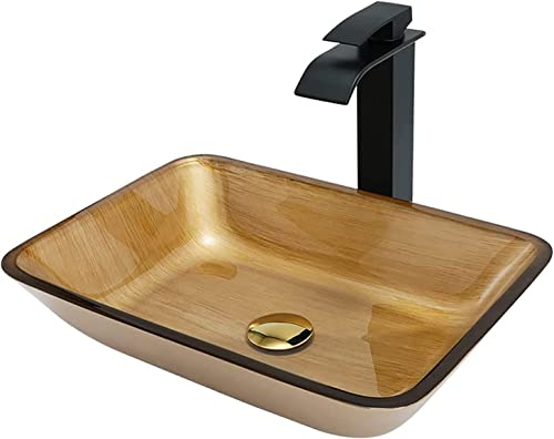 Waschbecken aus Gehärtetem Aufsatzwaschbecken Rechteck Aufsatz-Waschschale Künstlerisch Handwaschbecken Aufsatzbecken mit Schwarz Wasserhahn und Pop-Up-Drain Combo,Wood Grain Gold (Color : Wood Grain