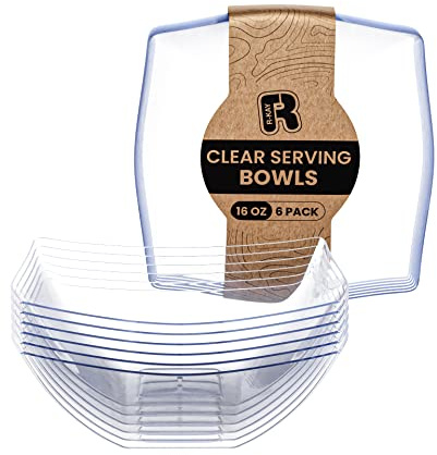 R-kay 6 Pack Square Plastic Serving Bowls - Clear Plastic bowls 16 Oz - Disposable Serving Bowls Heavy Duty For Weddings Catering And Birthday parties