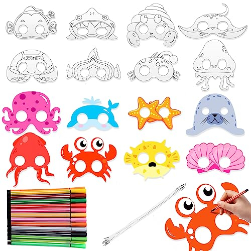 Aoriher 40 Stück Meerestiere Masken zum Ausmalen mit Aquarellstifte Ozeantiere Papiermasken Bastelset Unterwasser Party Blanko Bemalen Masken DIY Masken für Kinder Meeresthema Party Aktivität Kostüm