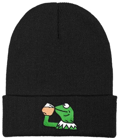 OPASCUBT Frosch Anime Beanie – Schwarze Winter-Kerrmit-Mütze, lustige Trink-Tee-Strickmütze für Männer und Frauen, Schwarze Beanie, Einheitsgröße