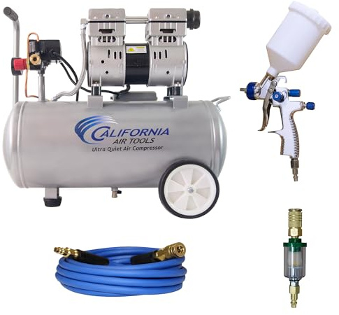 California Air Tools 8010 PK 1.0 HP Ultra Quiet and Oil-Free Air Compressor and LVLP Spray Painting Kit, 8 Gallon Steel Tank, Lightweight with Wheels, 60 dBA Noise Level