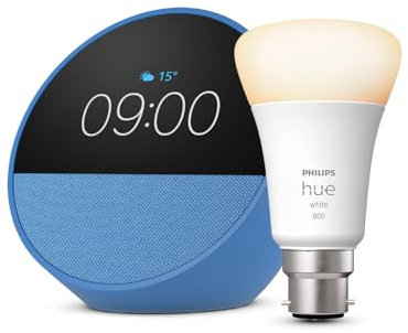 Echo Spot | Ocean Blue + Philips Hue White LED Smart Light Bulb (B22), Works with Amazon Alexa Devices - Smart Home Starter Kit