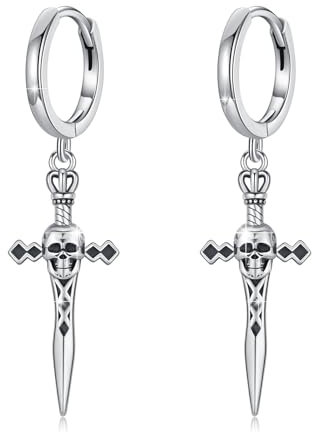 Schwert Totenkopf Ohrringe 925 Sterling Silber Schwert Creolen mit Schädel hängend coole Dolch Baumeln Ohrringe längliche Punk Schmuck für Frauen Herren