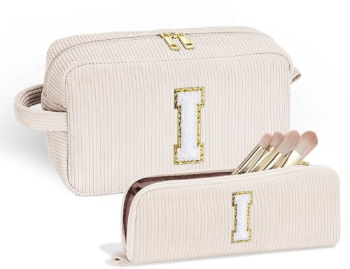 Parima Kosmetiktasche Damen Mädchen - Personalisierte Kosmetiktasche Cord Schminktasche Klein Personalisierte Geschenke für Frauen Mädchen Freundin Mama Geschenk Schminktasche mit Buchstaben I