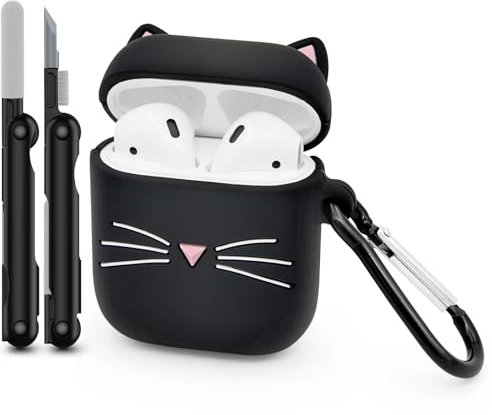 Mouzor for Airpods Case, Cute Airpods 2 Case, Black Whisker Cat Kitty Kawaii 3D Cartoon Animal Shockproof Soft Silicone Charging Cases Cover with Carabiner and Cleaner Kit for Kids Girls Women