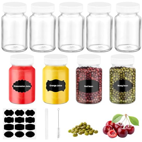 AUAUY 9PCS 60ml/2oz Glass Juice Bottles with Lids and Labels, Reusable Shot Bottles, Travel Portable Mini Clear Jars with Lids, Small Glass Jars for Juice, Sauce, Wine, Dried Fruits