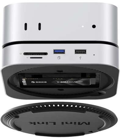 ORICO MiniLink Mac Mini M4 Hub, Estación de Acoplamiento 5Gbps con Carcasa M.2 2280 SATA SSD, USB 3.0, 3xUSB 2.0, TF/SD 3.0, 2x3.5mm AUX, Conexión de Alimentación 5V/3A