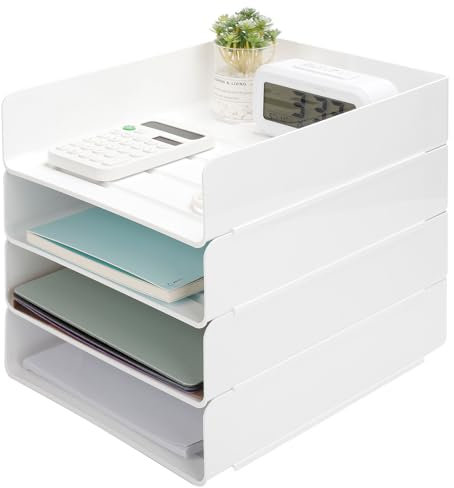 Aevcvok Lot de 4 Corbeille a Courrier Empilable - Bac a Courrier A4 Blanc - Banette Bureau - Range Documents, Papiers, Magazines