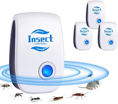 Repelente Ultrasónico de Plagas, 4 Pack Repelente de ultrasonidos para Ratones, Electrónico Repelente Mosquitos para Anti Ratones, Moscas, Roedores, Insectos, Arañas