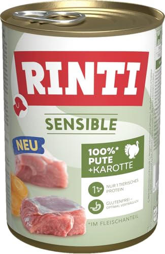 RINTI - Sensible | Nassfutter für Sensible, ausgewachsene Hunde mit natürlichen Fleischstücken. Getreidefreies Alleinfutter in der Dose ohne künstliche Zusätze | 12x400g Pute + Karotte